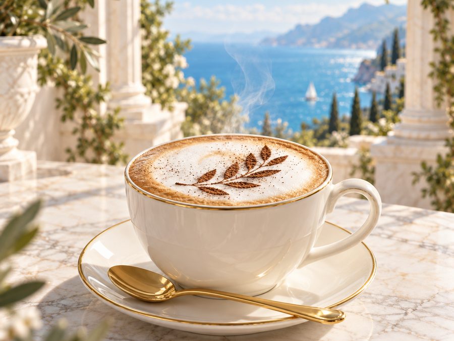 Cappuccino com desenho de cacau na espuma