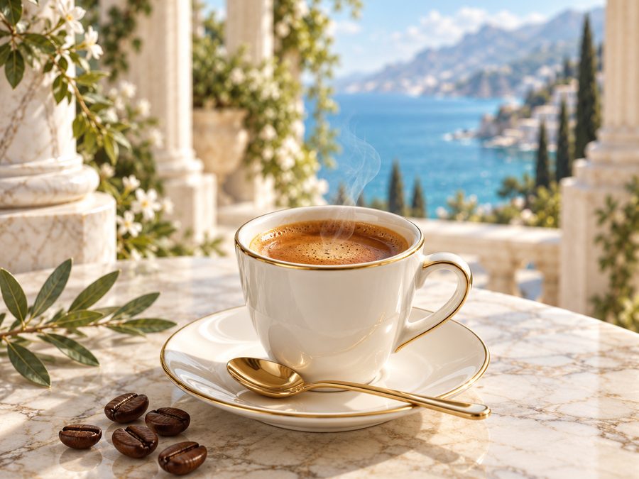 Xícara de expresso gourmet com grãos de café
