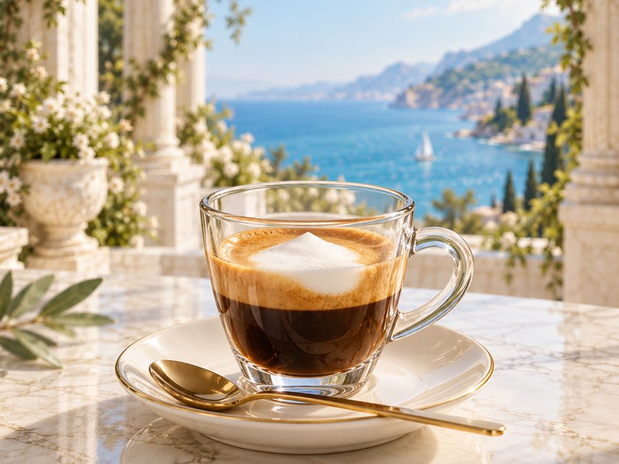 Macchiato em xícara de vidro com espuma de leite